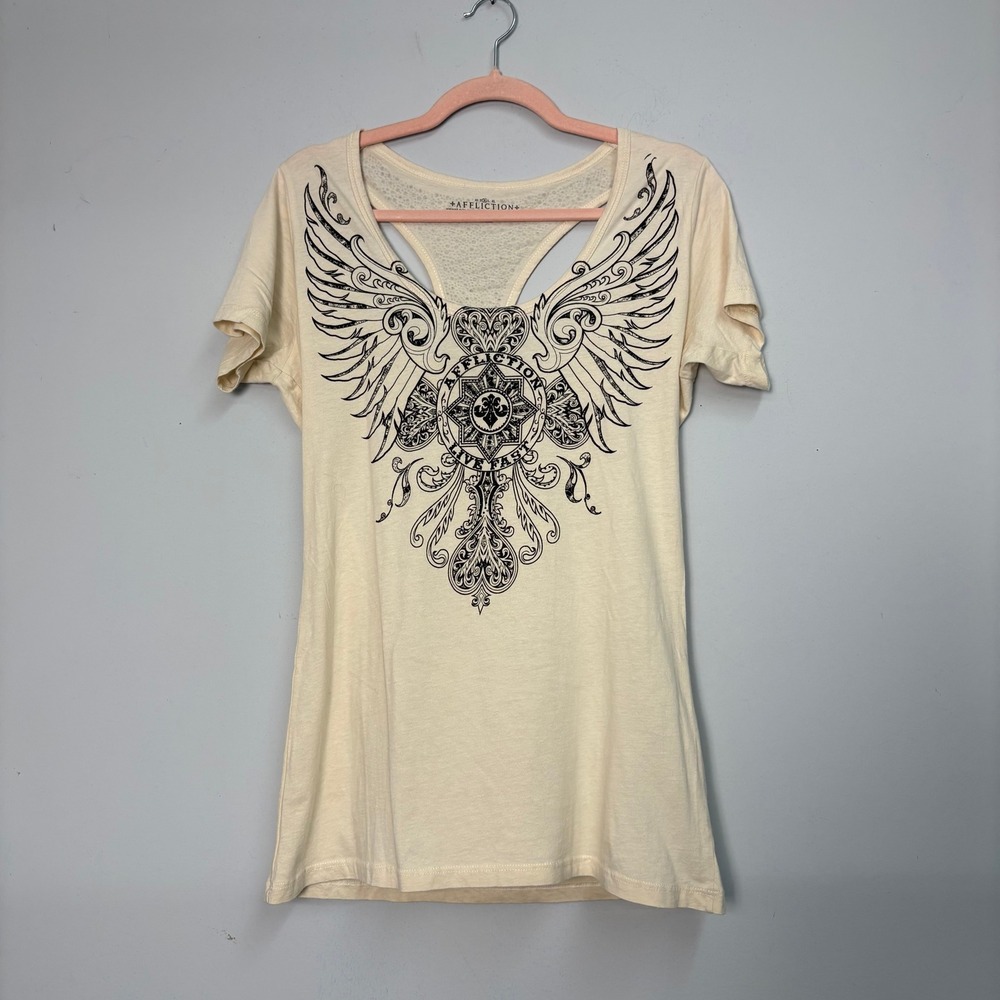 Affliction Womens Medium Cream Winged Cross Graphic Tee Studded‎ Cutout Back USA